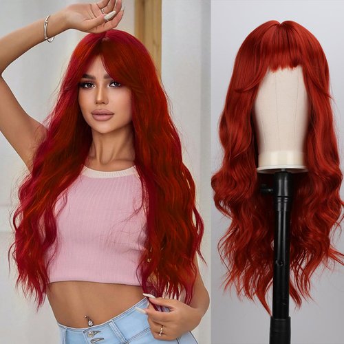 TOPHR Long Red Wig with Bangs 26 Inch Natural Wavy Heat Resistant Fiber Synthetic Red Wigs for Women Daily or Party Use