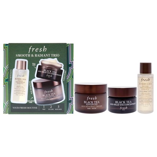 Fresh Smooth And Radiant Trio for Women - 3 Pc 0.67oz Kombucha Antioxidant Facial Treatment Essence, 0.50oz Black Tea Age Delay Eye Cream, 1oz Black Tea Anti Aging Ceramide Moisturizer