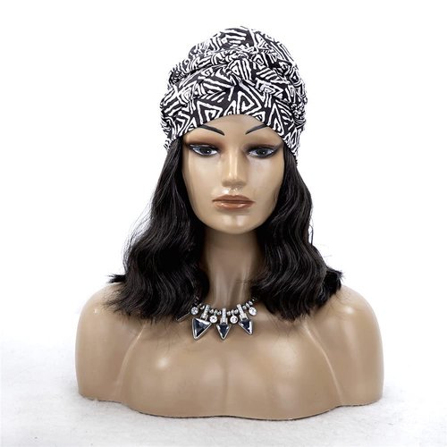 OYSRONG Long Black Color Curly Headband Afro Wig With Black/white Hair Cap Attached Wavy Wigs With Turban Head-wrap Wig