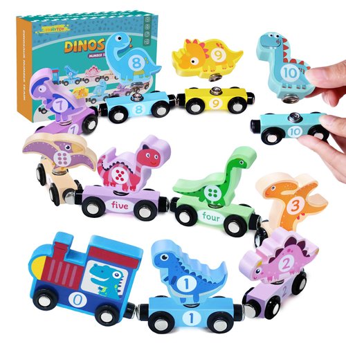 YHHYTOY Wooden Train Set Dinosaur Toys for Kids 3-5, Magnetic Dinosaur Train Number Matching Color Sorting Sensory Toys for Toddlers, Montessori Toys for 3 4 5 Year Old Baby Girls Boys Birthday Gifts