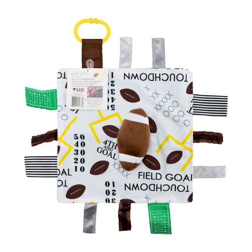 Baby Jack & Co 10x10” Football Sports Lovey Sensory Plush Blanket - Tag Toys for Babies - Baby Stroller Toys - Learn Shapes, Letters & Colors - MVP Baby Ball Toy & Baby Sports Gift