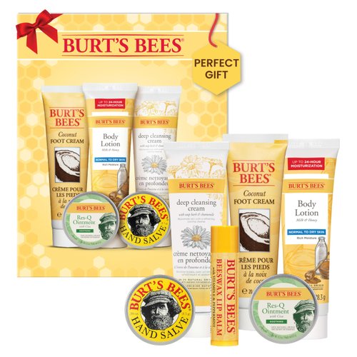 Burt's Bees Christmas Gifts, 6 Stocking Stuffers Products, Timeless Minis Kit - Original Beeswax Lip Balm, Coconut Foot Cream, Milk Honey Body Lotion, Deep Cleansing Cream, Res-Q Ointment & Hand Salve