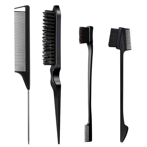 4 PCS Hair Styling Comb Set - Parting Comb, Teasing Brush, Rat Tail Comb for Curly and Black Hair Styling