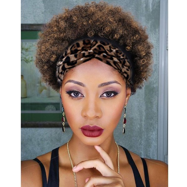 Quantum Love Short Human Hair Wigs Afro Curly Human Hair Headband Wig for Black Women Afro Puff Ombre Brown Headband Glueless Human Hair Wigs