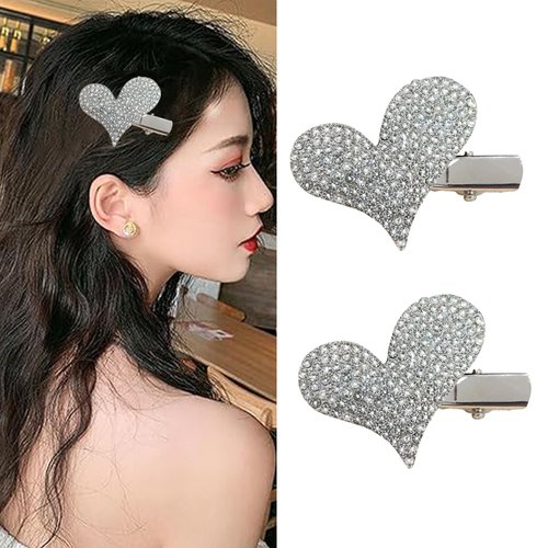 Heart Hair Clips Crystal Hair Pins Rhinestones Heart Hair Barrettes for Women Girls Valentines Day Wedding Birthday Hair Accessories Silver 2Pcs
