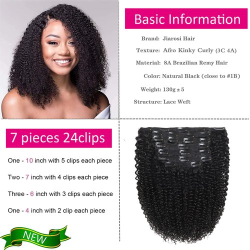 Jiarosi Kinky Curly Clip in Hair Extensions Real Human Hair 3C 4A Afro Curly Clip ins for Black Women Super Natural Soft Brazilian Remy Hair Curly Clip Ins Black Color 7 Pcs with 24 Clips 18 Inch