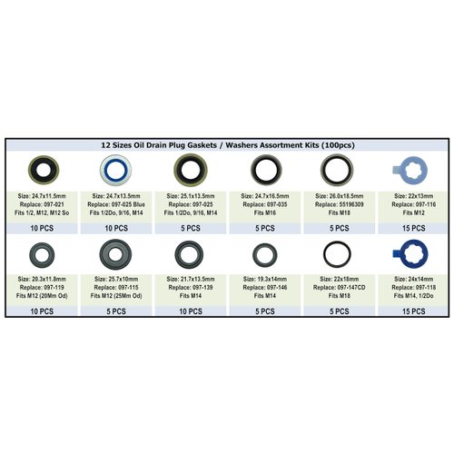 Dsnaduo 100Pcs 12 Types Metal Rubber Master Oil Drain Plug Gasket Assortment Kit Replace 097-021, 097-025, 097-035, 55196309, 097-116, 097-119, 097-115, 097-139, 097-146