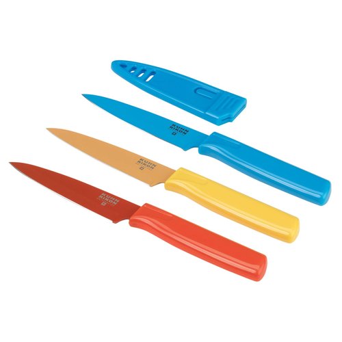 Kuhn Rikon Straight Paring Knife with Safety Sheath, 4 inch/10.16 cm Blade, Red, Yellow &amp; Blue (P...