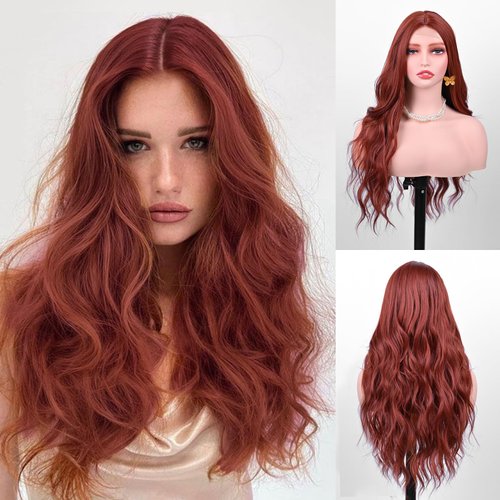Long Auburn Wavy Wig for Women 26 Inch Middle Part Curly Wigs Lace Hairline Wigs Synthetic fiber Wigs for Daily Party Use（Auburn）