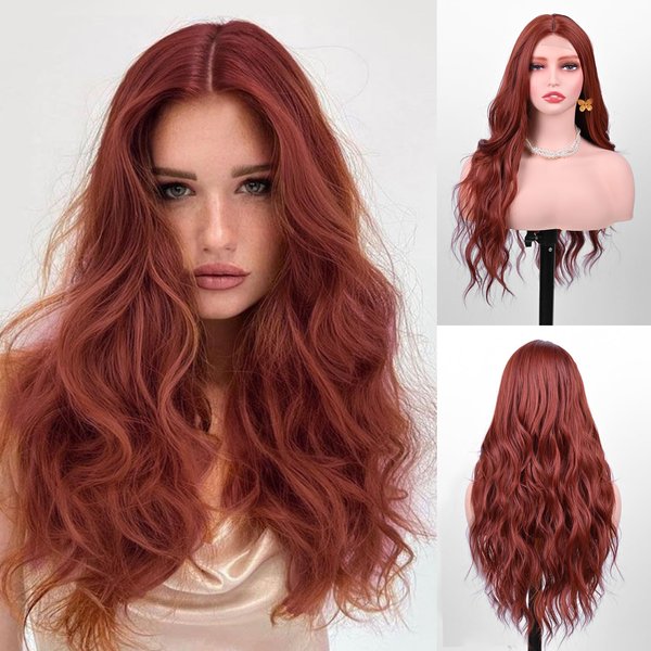 Long Auburn Wavy Wig for Women 26 Inch Middle Part Curly Wigs Lace Hairline Wigs Synthetic fiber Wigs for Daily Party Use（Auburn）