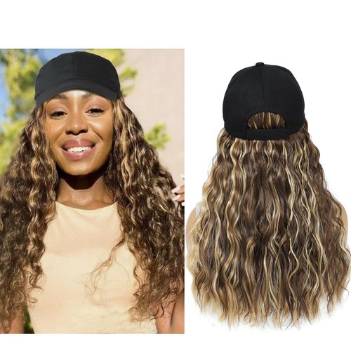 AliRobam Synthetic Hair Wig Hat with Curly Wave hair attached for woman Baseball cap wig Water Wave Hairstyle Adjustable Wig (M brown blonde, 14inch)