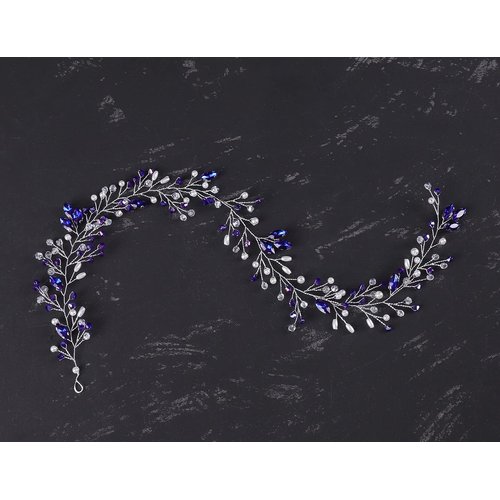 Jumwrit Wedding Crystal Hair Vine Silver Bridal Headband with Blue Rhinestone Pearl Wedding Headpiece Brides Bridesmaids Hair Accessories