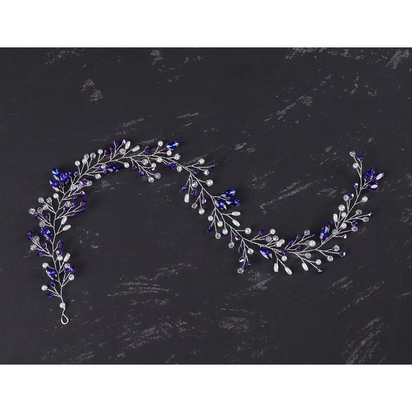 Jumwrit Wedding Crystal Hair Vine Silver Bridal Headband with Blue Rhinestone Pearl Wedding Headpiece Brides Bridesmaids Hair Accessories