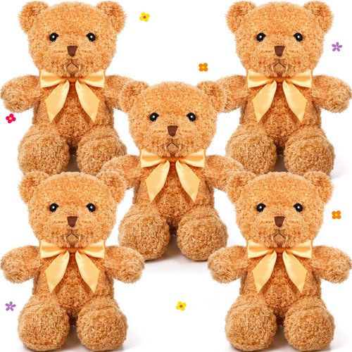 5 Pcs Bears Stuffed Animal Soft Plush Toys 12 Inches Cute Bear Small Shaggy Bear with Hoodie Bow Tie for Kids Boys Girls Baby Shower Birthday Party (Light Brown, Bow Tie Style)