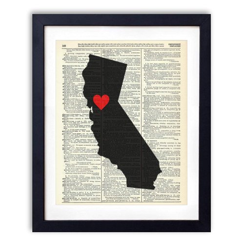 California Capital With Heart, Vintage Dictionary Art Print, Antique Wall Art Home Decor, Modern Boho Poster, Farmhouse Decoration Living Room Bedroom Office 8x10 Inches, Ready To Frame