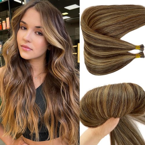 I Tip Hair Extensions Balayage Light Brown Golden Blonde I Tip Real Hair Extensions Human Hair Cold Fusion Stick Tips Hair Ombre Blonde Highlight 12Inch 100Strands 50G #4/27 Microlink Hair