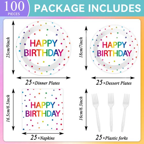 100PCS Happy Birthday Party Paper Plates and Napkins Birthday Party Decoration Disposable Iridescent Birthday Tableware Dinnerware Set for Birthday Table Decor Baby Shower Party Supplies Serve 25