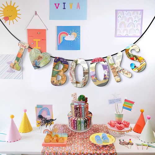 I Love(Heart) Book Banner Reading Book Club Library Comic Themed Party Decorations Supplies Multi Color