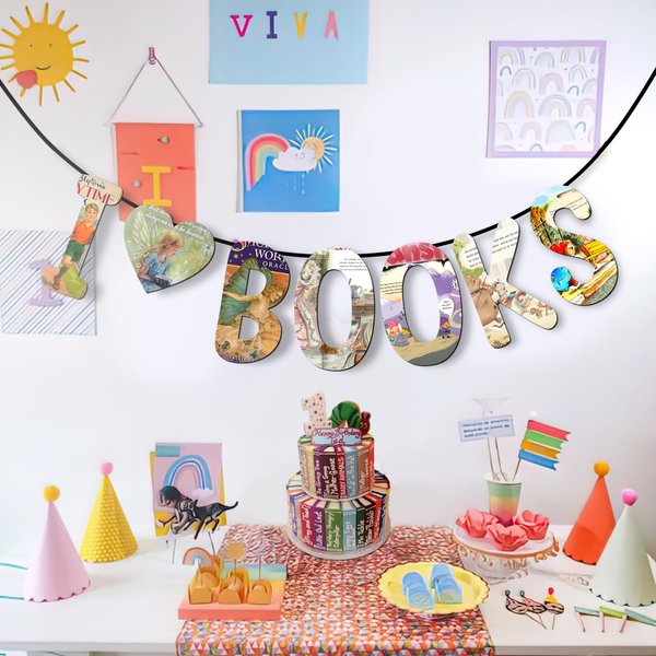 I Love(Heart) Book Banner Reading Book Club Library Comic Themed Party Decorations Supplies Multi Color