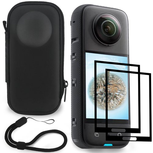 FiTSTILL Black Mini Carrying Hard Shell Travel Storage Case+Screen Protectors Compatible with Insta360x3 Accessories Kit,Easy Installation LCD Tempered Glass 9H Hardness Scratch Resistant