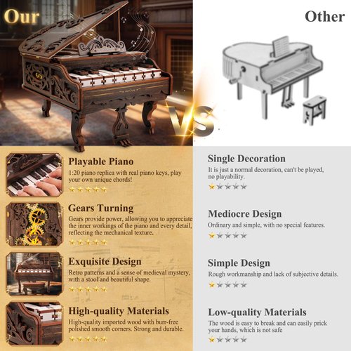 3D Wooden Puzzles for Adults, Playable Piano Model Kit 1:20 Scale Building, 3D Puzzles Wooden Music Box, Magic Wooden Building Kits Piano Christmas Birthday Gifts for Adults Teens
