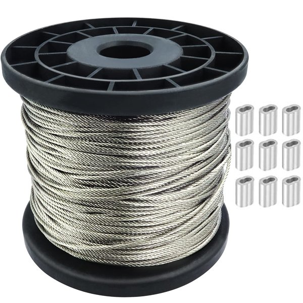 Wire Cable 1/16 Wire Rope 304 Stainless Steel Wire Cable, 328ft Aircraft Cable with 120Pcs Aluminum Sleeves, 7x7 Strand Core 368lbs Strong Load-Bearing Steel Cable, Ideal for Garden Yard String Lights