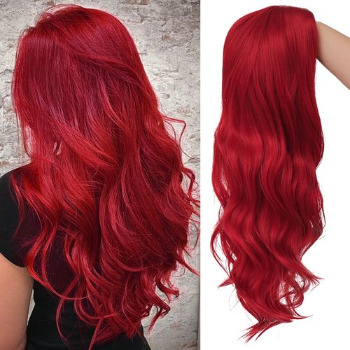 Tseses Womens Red Curly Wig Long Wavy Middle Part Synthetic Wigs for Halloween Cosplay Wig