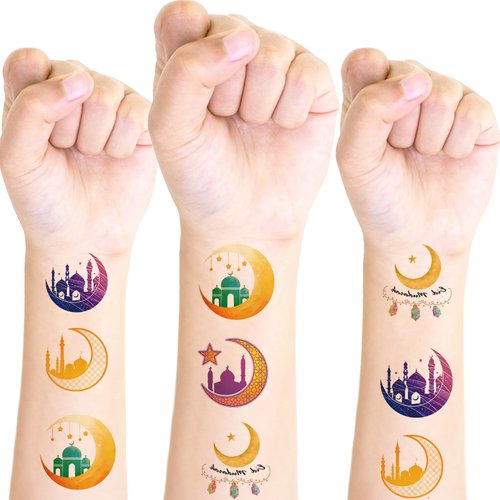20Pcs Happy Ramadan Temporary Tattoos Eid Mubarak Temporary Tattoos Sticker Moon Star Castle Fake Tattoo Stickers for Kids Boys Girls Tattoo Stickers for Body Arm Neck