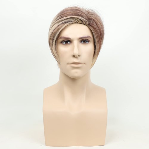 MLDconcinnty Mens Wig Slicked-back Side Part Short Brown Mix Blonde Layered Men’s Realistic Wig Synthetic Fiber Wigs Daily Use Cosplay Costume Wig