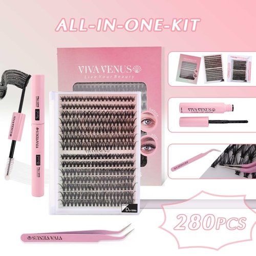 DIY Lash Extension Kit 280Pcs VIVAVENUS Individual Eyelash Clusters 5060 D Curl 9-16mm, Thick long lash Clusters With Lash Bond and Seal, Clusters Remover,Lash Tweezer, For DIY at Home