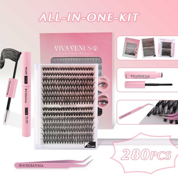 DIY Lash Extension Kit 280Pcs VIVAVENUS Individual Eyelash Clusters 5060 D Curl 9-16mm, Thick long lash Clusters With Lash Bond and Seal, Clusters Remover,Lash Tweezer, For DIY at Home