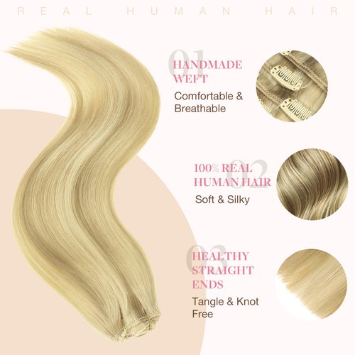 GOO GOO Clip in Hair Extensions Real Human Hair, Remy Human Hair Extensions Clip ins for Women, Natural Human Hair, 18inch 120g 7Pcs, 16/22 Light Blonde Highlighted Golden Blonde