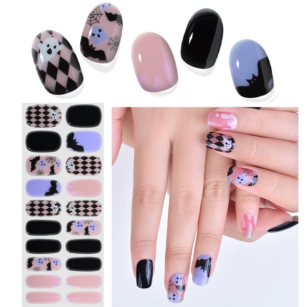 Halloween Semi Cured Gel Nail Strips, Halloween Gel Nail Stickers Long Lasting Cute Bat Ghost Semicured UV Nail Wraps UV Light Required for Women Girls(20Pcs)