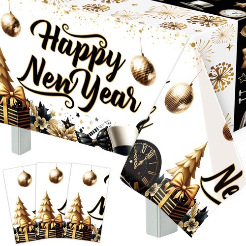 Happy New Year Tablecloths 3 Pack New Years Eve Party Supplies 2025 Gold Black White Tablecloths for Rectangle Tables Happy New Years Decorations 2025