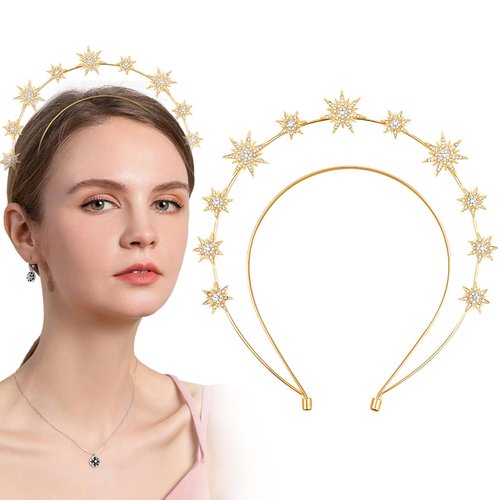 Aswewamt Gold Star Halo Crown Crystal Goddess Headband Rhinestone Halo Wedding Tiara Glitter Bridal Hair Band Headpiece Accessories for Women Girls