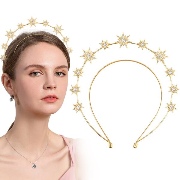 Aswewamt Gold Star Halo Crown Crystal Goddess Headband Rhinestone Halo Wedding Tiara Glitter Bridal Hair Band Headpiece Accessories for Women Girls