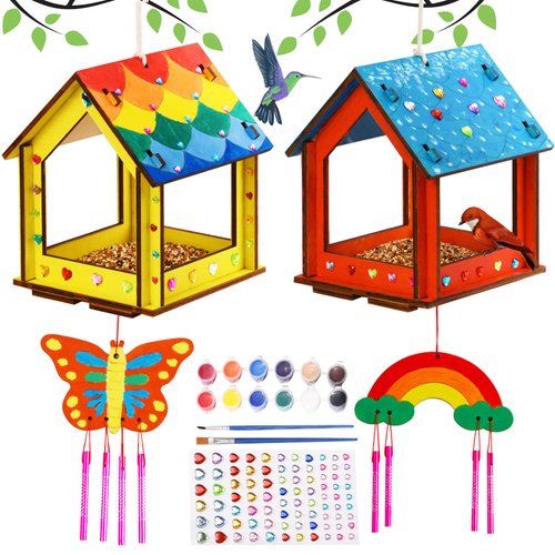 Kids Arts and Crafts for Outdoor,2 Pack Bird Feeder Wind Chime Kits for Children to Build and Paint, DIY Unfinished Wood STEM Painting Activities Crafts Toys for Boys Girls Ages 3-5 4-8 8-12 6-8