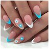 Press on Nails Short Almond Fake Nails with Fresh Simple blue&white flowers Design Glue on Nails Acrylic Nails Decorate False Nails with Glue French Oval Stick on Nails For Women Girls 24Pcs