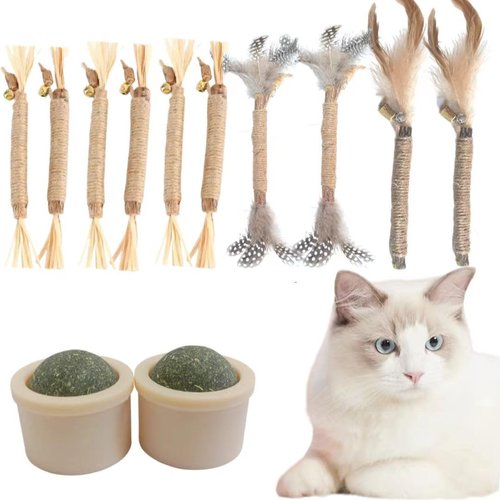 Nine Mpets Chew Toys for Cats(12 Pcs), silvervine Sticks for Cats ，cat Teething Toys, Catnip Chew Sticks ，Cat Toys for Indoor Cat Kitten Teeth Grinding，Silvervine Cat Feather Toy, cat chew Toy