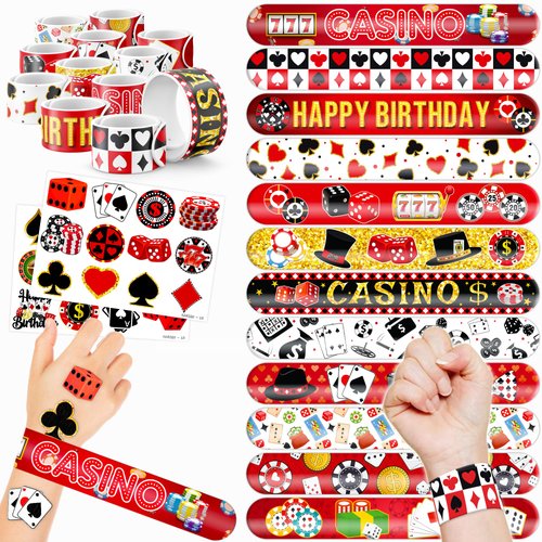 48 Casino 24PCS Casino Temporary Tattoos Sticker 24PCS Slap Bracelets Perfect for Themed Birthday Party Favors Baby Showers or Classroom Rewards Ideal Decor and Gifts for Girls and Boys