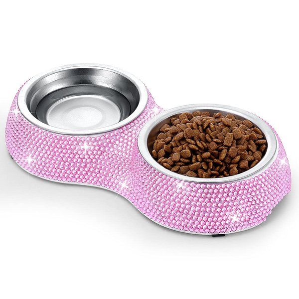 SAVORI Small Cat Bowls Pink, 320ML Handmade Bling Rhinestones Stainless Steel Pet Bowls Removable Double Food Water Feeder for Puppy Cats Dogs