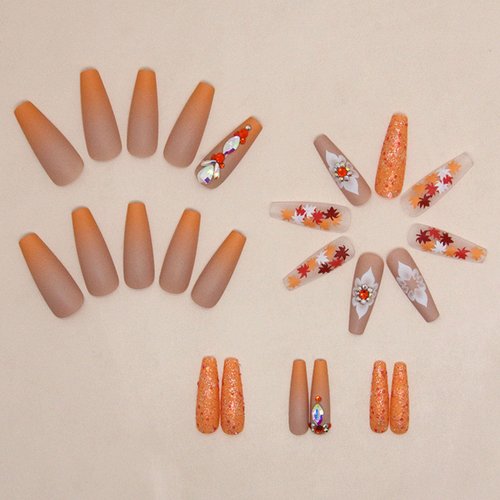 Coffin Press on Nails Long Fake Nails with Maple Leaves & Diamond Charms Designs Orange Glitter Acrylic Nails Fall False Nails Daily Wear Natural Artificial Stick on Nails for Women 24Pcs