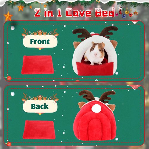 FHTONGE Guinea Pig Bed Cave for Winter, Christmas Guinea Pig Hideout House Rreindeer Shap, Warm Rat Hideaway Cozy Chinchilla Bed for Dwarf Rabbit Ferret Hedgehog Hamster Small Animal Hide