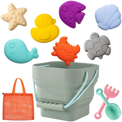 WEYOVGO Silicone Beach Toys - Modern Baby Travel Friendly Beach Set | Bucket, Shovel, 7 Sand Molds, Bag | Sand Toys for Toddlers, Kids - 11pc (Light Green)