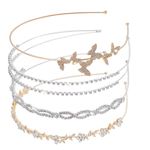 hoyuwak 4 Pcs Rhinestone Headband Sparkly Hair Band Metal Headpiece Headdress Accessories for Women Girls Bridal Wedding Hair Accessories, Gold and Silver Set
