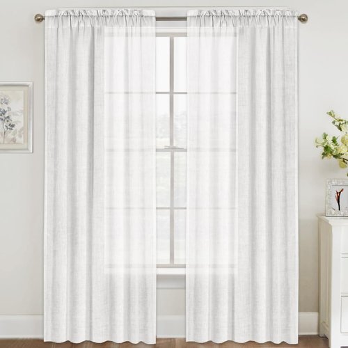 FantasDecor White Curtains 84 inch Length 2 Panels Set Light Filtering Privacy Sheer Linen Drapes Rod Pocket Window Blinds Decor Shades for Farmhouse Bedroom, Off White