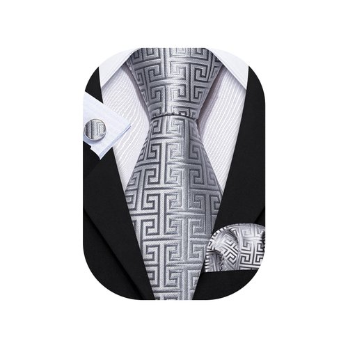 Barry.Wang Mens Ties Silk Tie Pocket Square Cufflinks Set Woven Designer Bright Silver