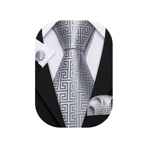 Barry.Wang Mens Ties Silk Tie Pocket Square Cufflinks Set Woven Designer Bright Silver