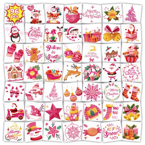 Konsait Pink Christmas Temporary Tattoos, 96Pcs Santa Star Gingerbread Snowflake Christmas Tattoos, Pink Christmas Decorations Tattoos Christmas Goodie Bag Stuffers,Christmas Party Favors