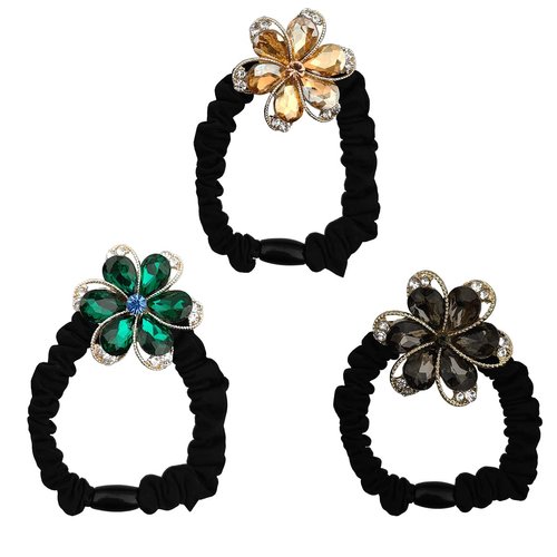 MOESUYUM 3PCS Hair Ties for Women Medium Thick Hair Crystal Elastic Hair Scrunchies Stretchy Hair Accessories Glitter Flower Ponytail Holders Rhinestone Hair Elastics Ties Handmade Hair Bands for Women and Girls Rubber Bands